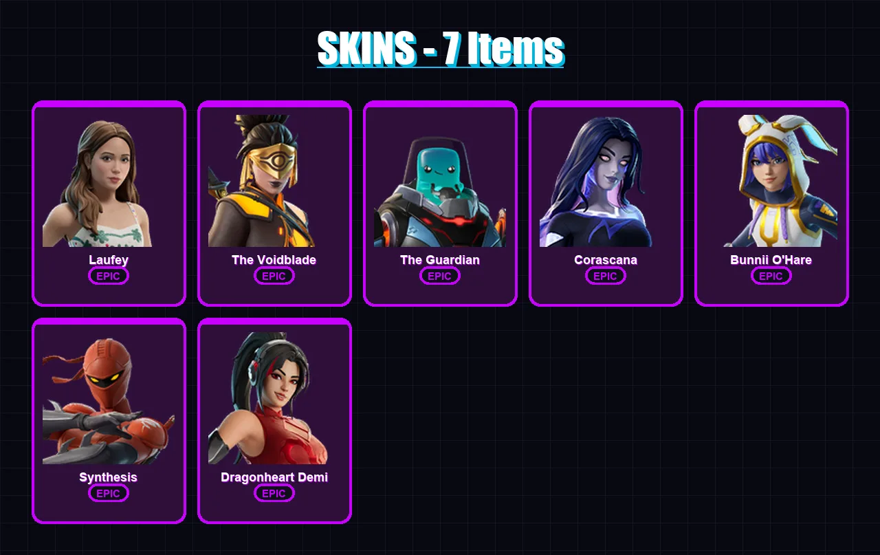 [PC/PSN] | Laufey | The Voidblade | The Guardian | Corascana | Bunnii O'Hare | 7 skin | 4 pickaxe | 1 emote | 2 glider | Lv2