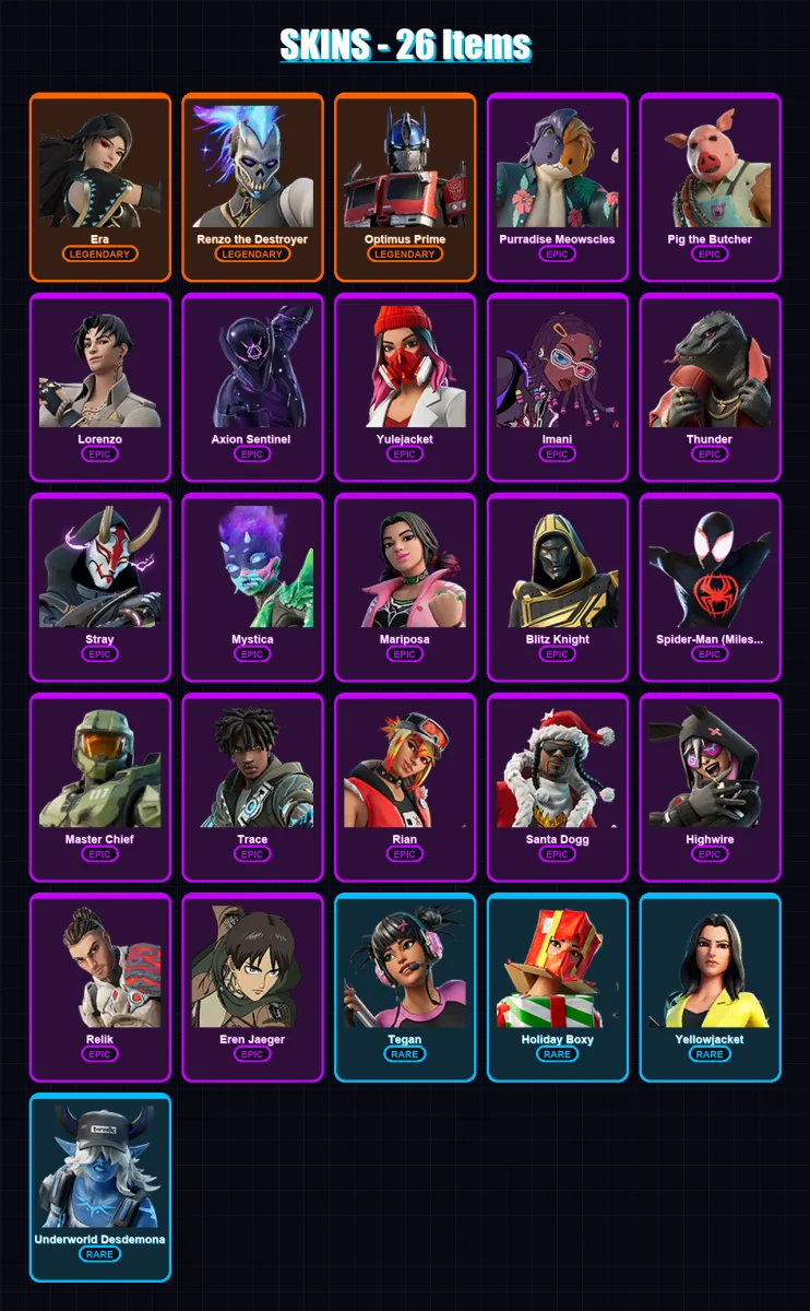[PS4/PS5/PC] | Era | Renzo the Destroyer | Optimus Prime | Purradise Meowscles | Pig the Butcher | 26 skin | 72 pickaxe | 36 emote | 49 glider | Lv6