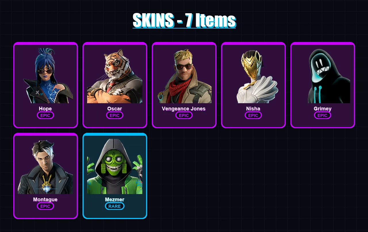 [PC/XBOX/PSN] | Hope | Oscar | Vengeance Jones | Nisha | Grimey | 7 skin | 8 pickaxe | 5 emote | 6 glider | Lv73