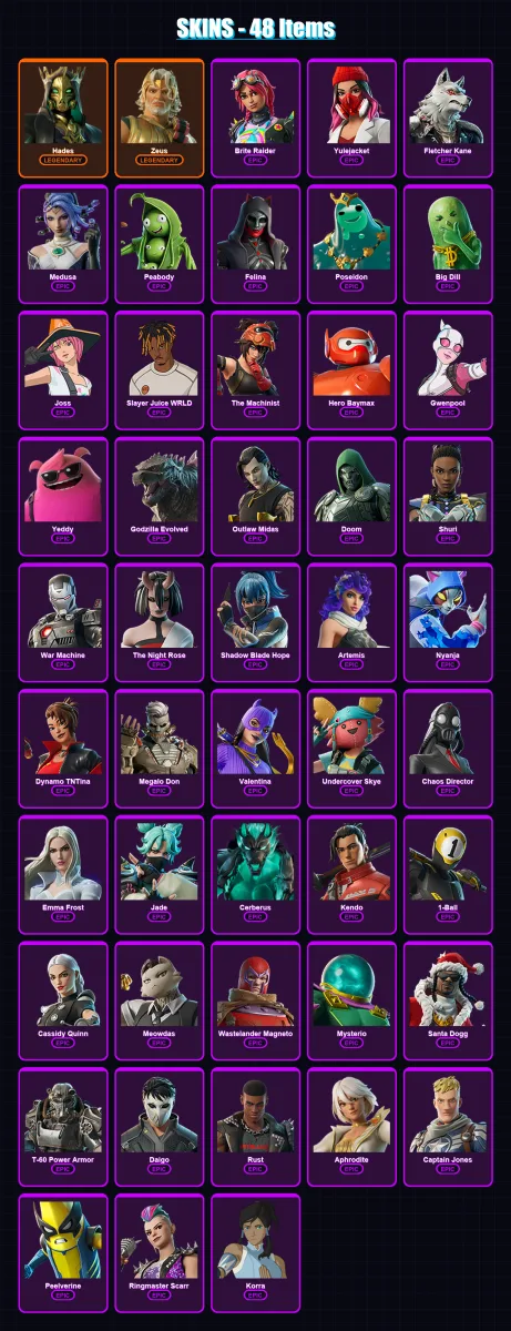 [PC/XBOX/PSN] | Hades | Zeus | Brite Raider | Yulejacket | Fletcher Kane | 48 skin | 82 pickaxe | 56 emote | 60 glider | Lv799