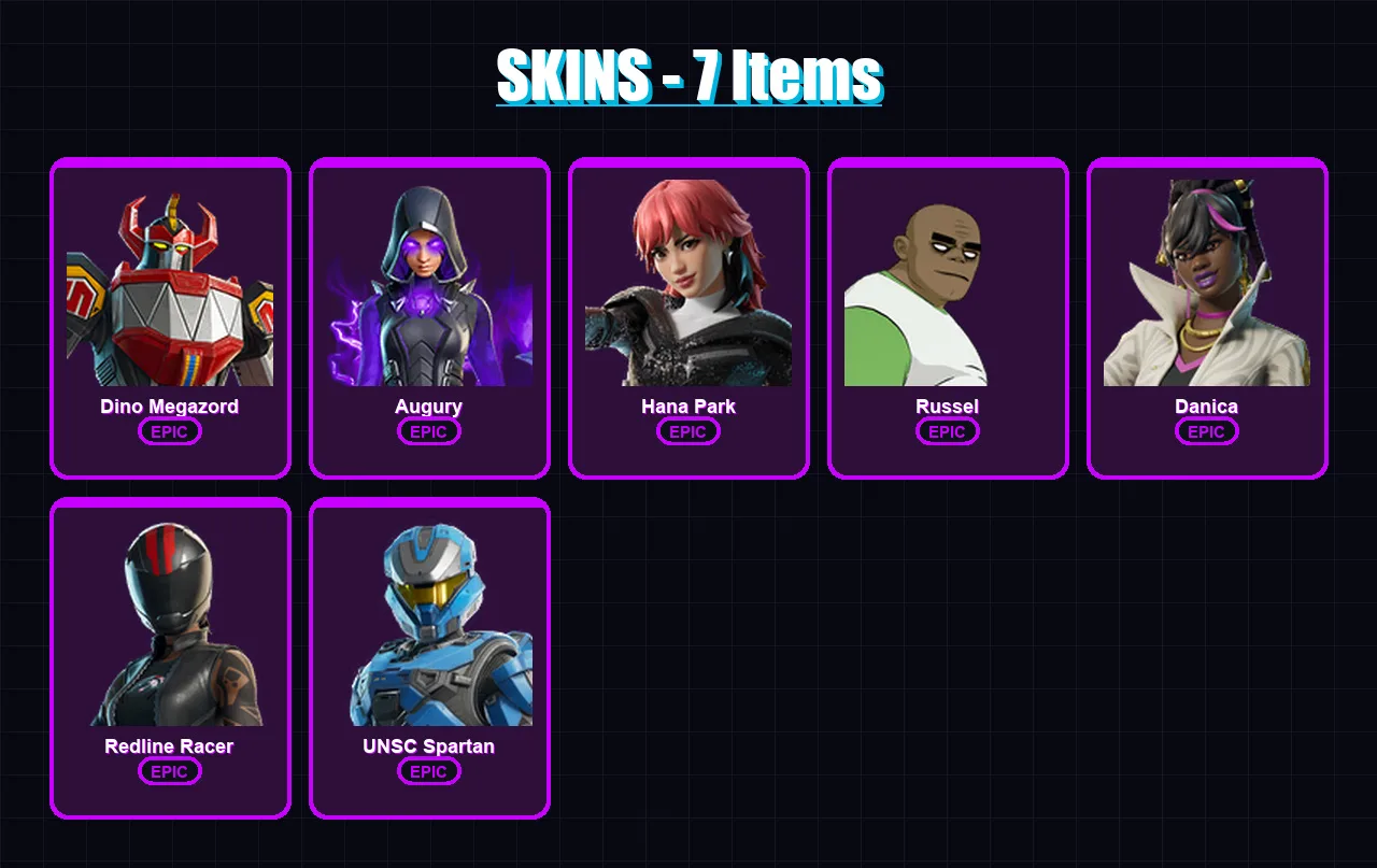 [PC/XBOX/PSN] | Dino Megazord | Augury | Hana Park | Russel | Danica | 7 skin | 7 pickaxe | 5 emote | 4 glider | Lv15