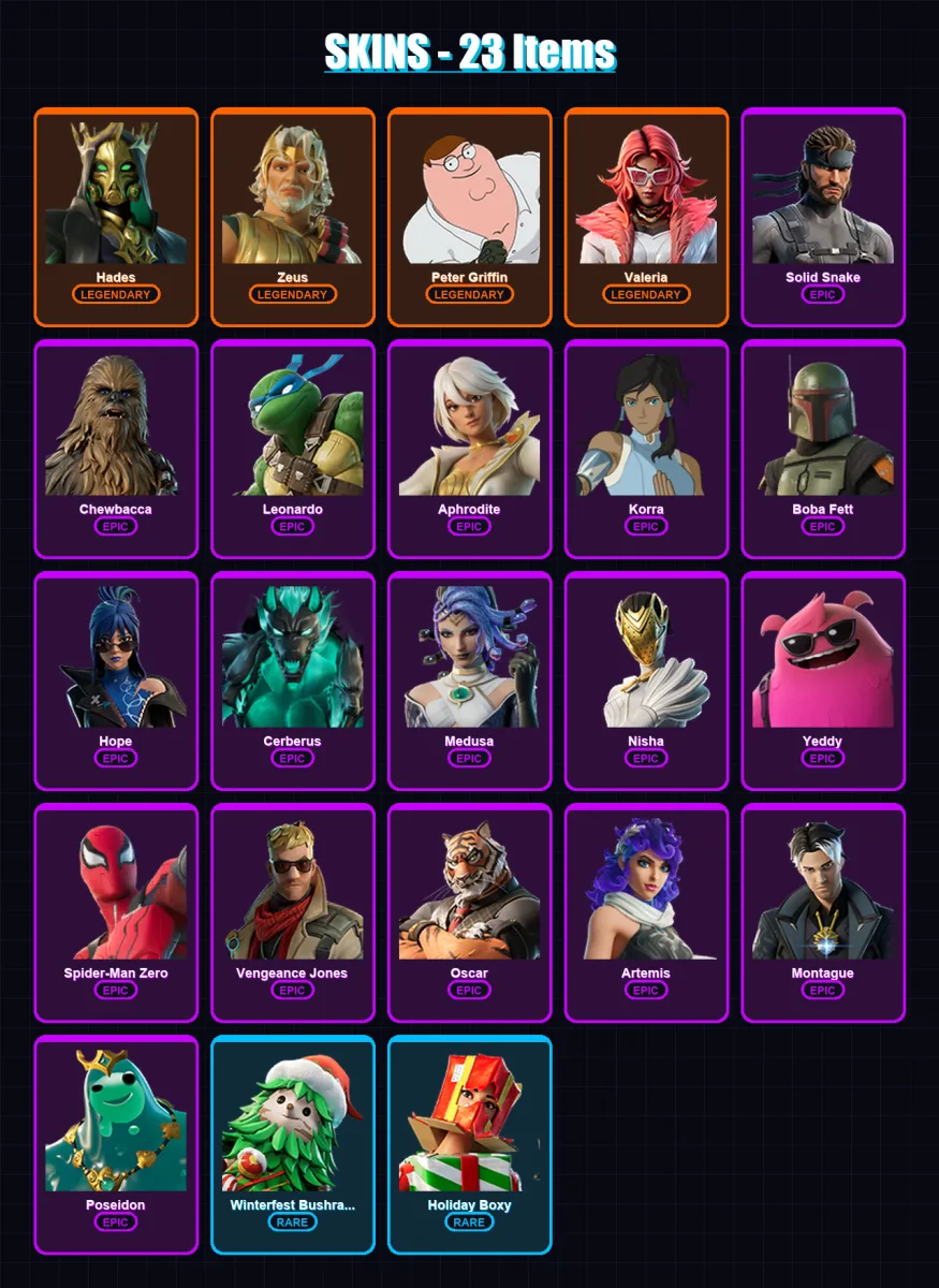 [PC/XBOX/PSN] | Hades | Zeus | Peter Griffin | Valeria | Solid Snake | 23 skin | 43 pickaxe | 28 emote | 41 glider | Lv482