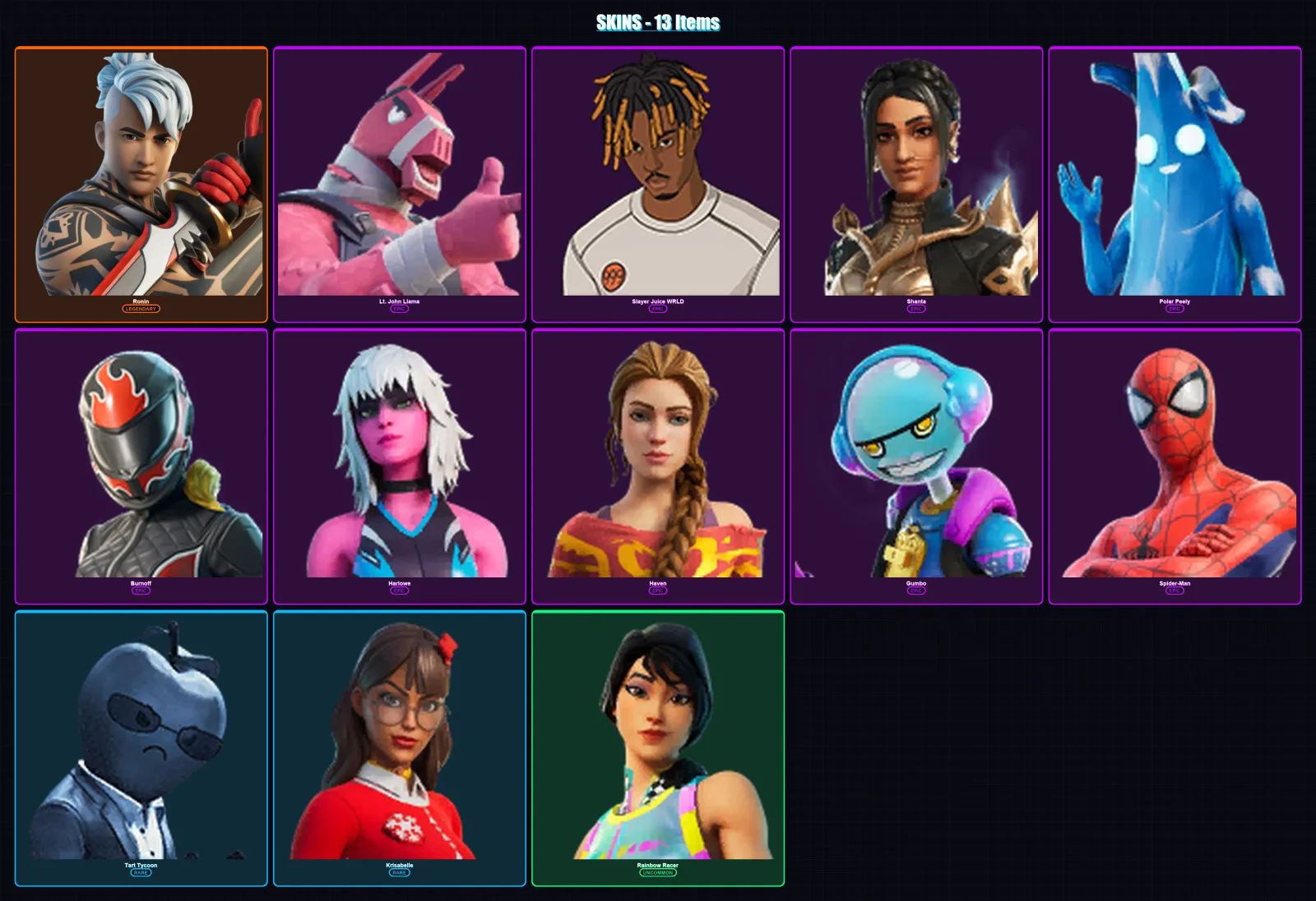 [PC/XBOX] | Ronin | Lt. John Llama | Slayer Juice WRLD | Shanta | Polar Peely | 13 skin | 27 pickaxe | 20 emote | 24 glider | Lv379