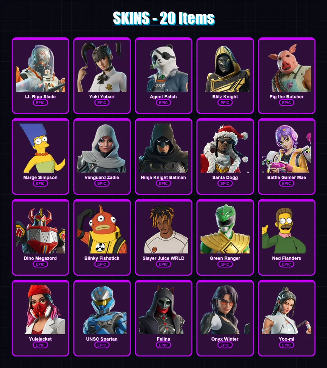 [PC/PSN] | Lt. Ripp Slade | Yuki Yubari | Agent Patch | Blitz Knight | Pig the Butcher | 20 skin | 81 pickaxe | 38 emote | 54 glider | Lv734