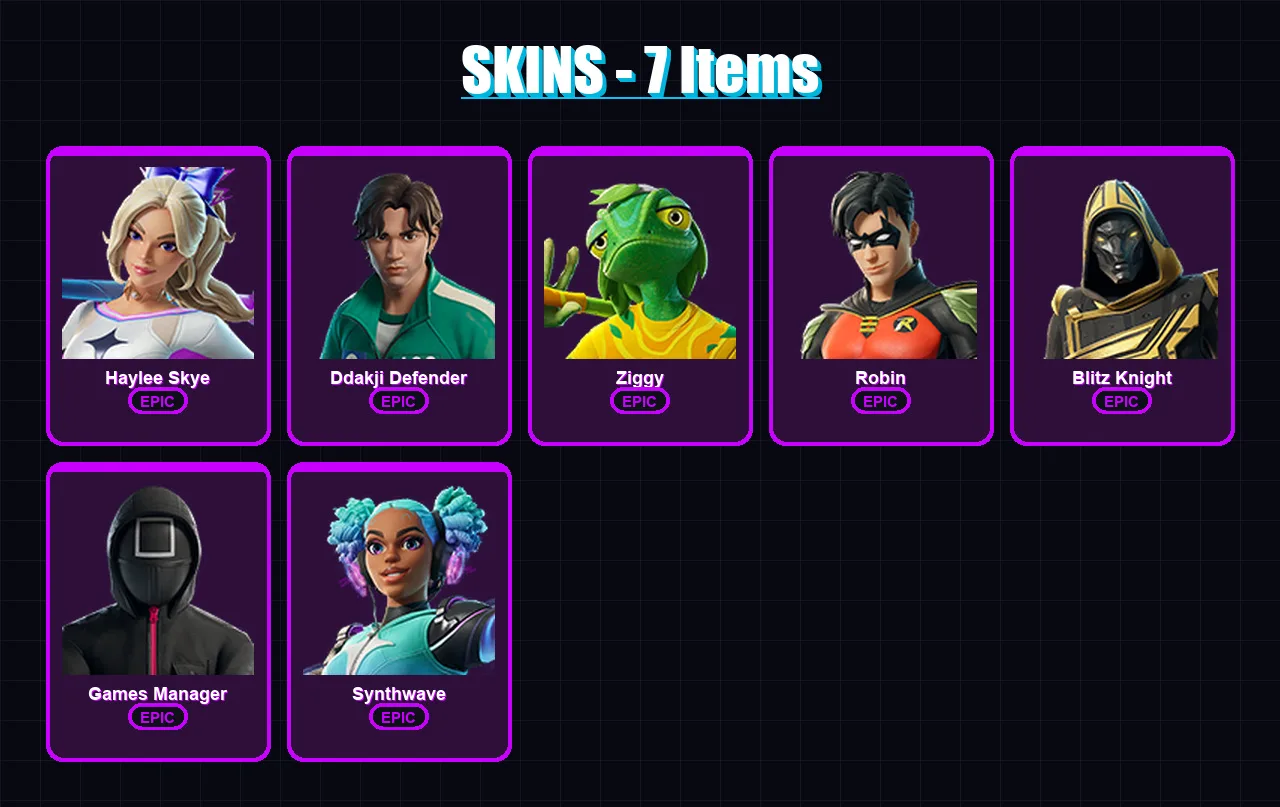 [PC/XBOX/PSN] | Haylee Skye | Ddakji Defender | Ziggy | Robin | Blitz Knight | 7 skin | 7 pickaxe | 9 emote | 8 glider | Lv74