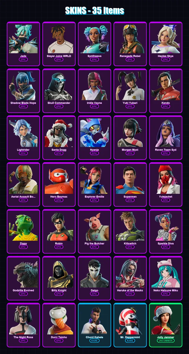 [PC/PSN] | Jade | Slayer Juice WRLD | Synthwave | Renegade Rebel | Haylee Skye | 35 skin | 68 pickaxe | 43 emote | 41 glider | Lv532