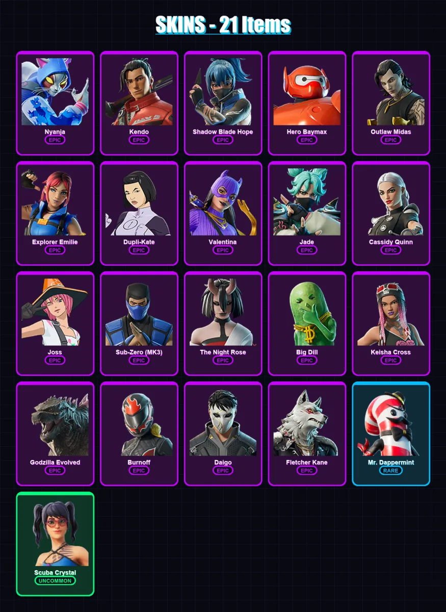 [PC/XBOX/PSN] | Nyanja | Kendo | Shadow Blade Hope | Hero Baymax | Outlaw Midas | 21 skin | 37 pickaxe | 25 emote | 24 glider | Lv401