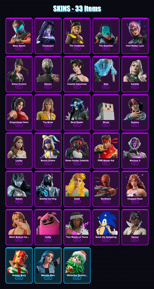 [SWITCH/PSN/PC] | Maxx Speed | Corascana | The Voidblade | The Guardian | Void Walker Lynx | 33 skin | 28 pickaxe | 8 emote | 9 glider | Lv146