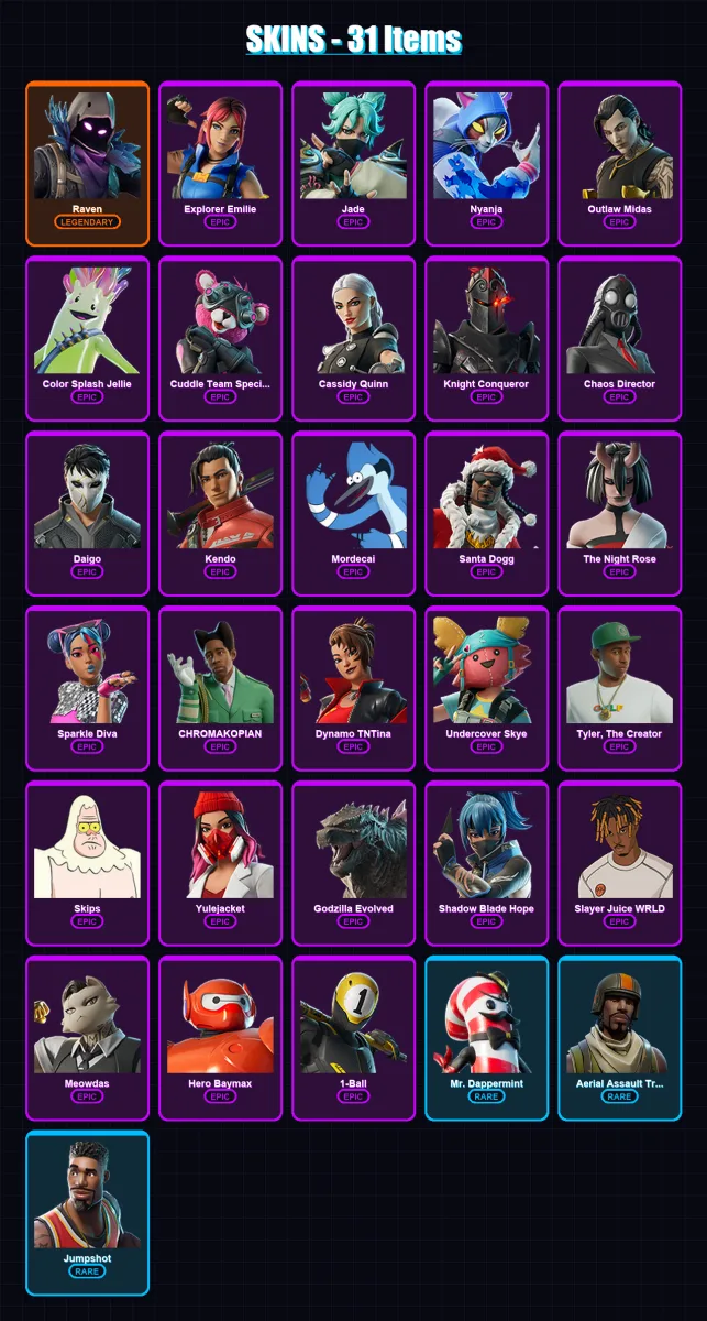 [PS4/PS5/XBOX/PC] | Raven | Explorer Emilie | Jade | Nyanja | Outlaw Midas | 31 skin | 46 pickaxe | 47 emote | 30 glider | Lv254