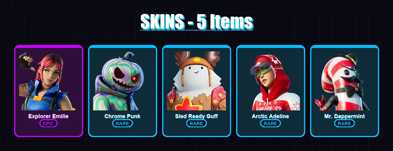 [PC] | Explorer Emilie | Chrome Punk | Sled Ready Guff | Arctic Adeline | Mr. Dappermint | 5 skin | 13 pickaxe | 6 emote | 16 glider | Lv214