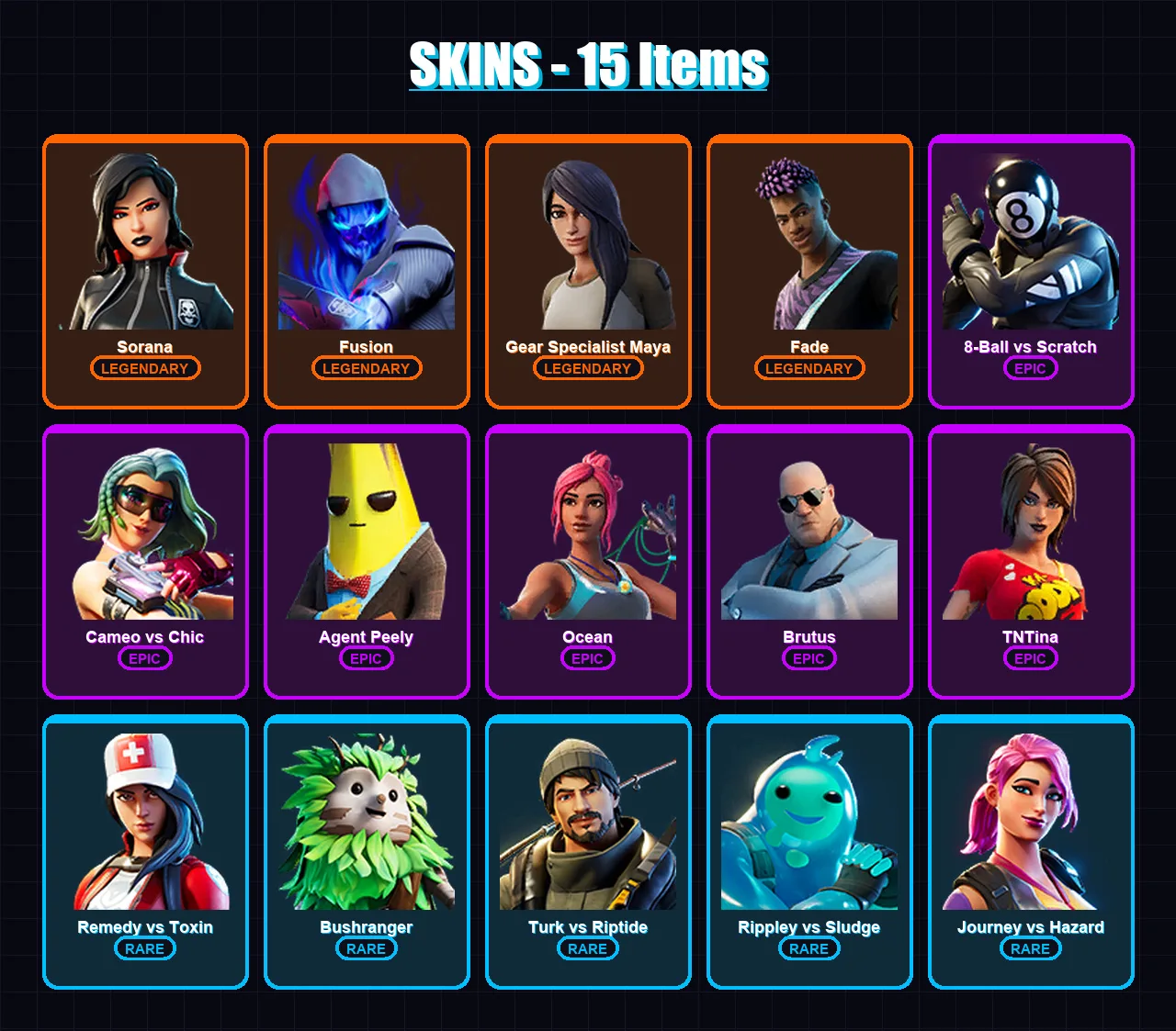 [PC/XBOX/PSN] | Sorana | Fusion | Gear Specialist Maya | Fade | 8-Ball vs Scratch | 15 skin | 16 pickaxe | 15 emote | 19 glider | Lv275