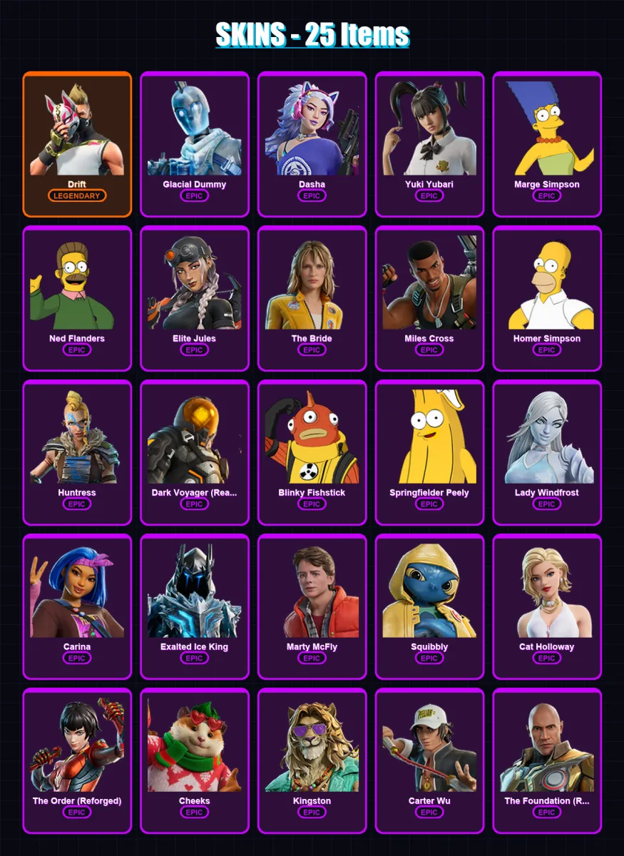 [PC/XBOX/PSN] | Drift | Glacial Dummy | Dasha | Yuki Yubari | Marge Simpson | 25 skin | 50 pickaxe | 30 emote | 42 glider | Lv653