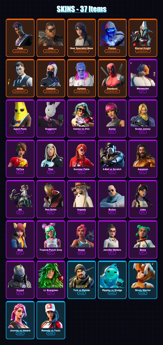 [SWITCH/XBOX/PSN/PC] | Fade | Joey | Gear Specialist Maya | Fusion | Eternal Knight | 37 skin | 51 pickaxe | 45 emote | 51 glider | Lv958