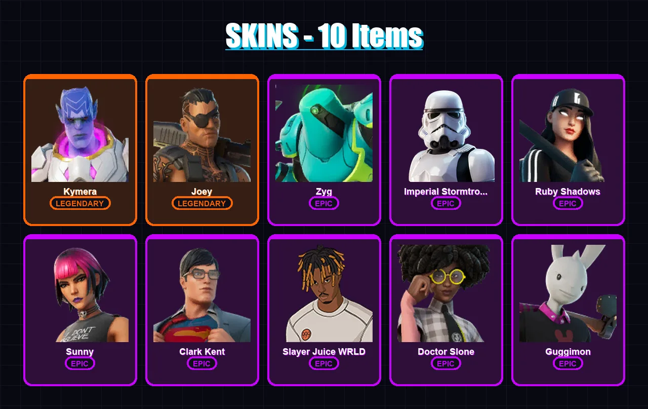 [PC/PSN] | Kymera | Joey | Zyg | Imperial Stormtrooper | Ruby Shadows | 10 skin | 15 pickaxe | 11 emote | 17 glider | Lv209