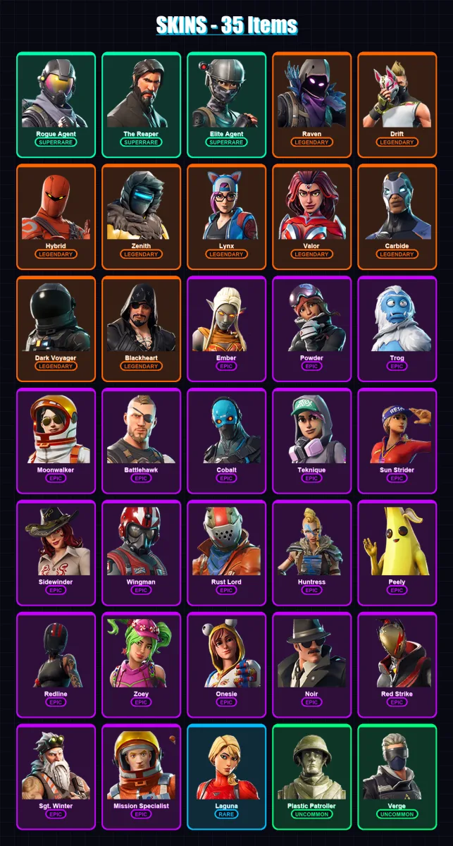 [PS4/PS5/XBOX/PC] | Rogue Agent | The Reaper | Elite Agent | Raven | Drift | 35 skin | 21 pickaxe | 52 emote | 37 glider | Lv628