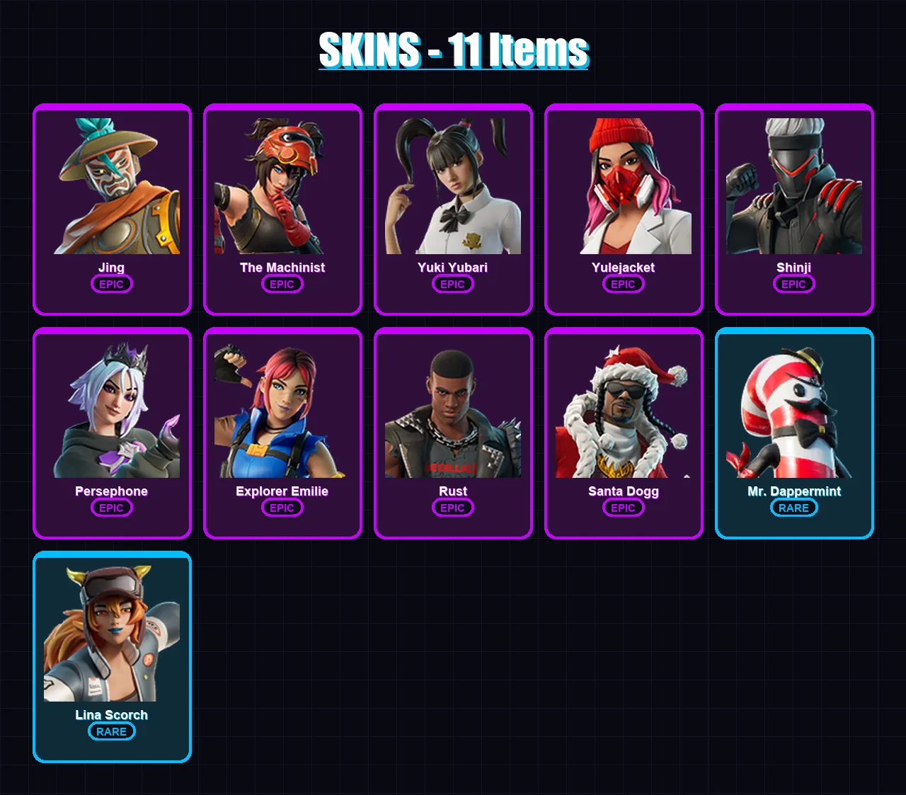 [PS4/PS5/XBOX/PC] | Jing | The Machinist | Yuki Yubari | Yulejacket | Shinji | 11 skin | 29 pickaxe | 8 emote | 17 glider | Lv184