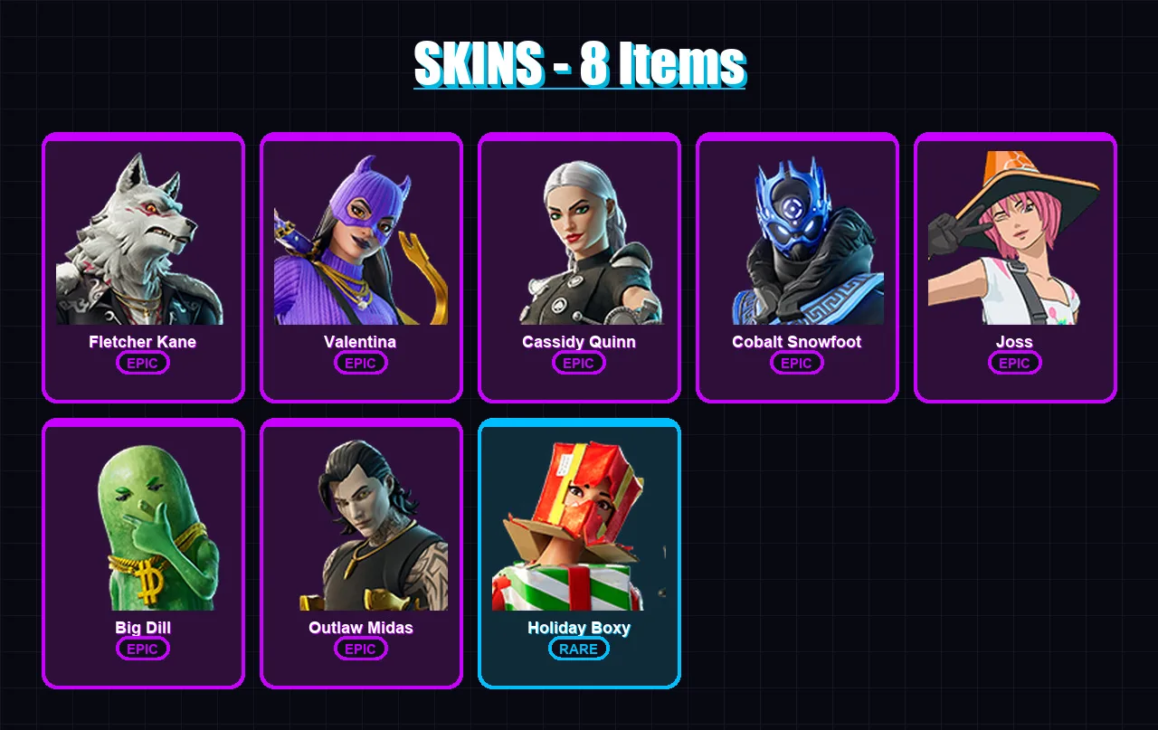 [PS4/PS5/XBOX/PC] | Fletcher Kane | Valentina | Cassidy Quinn | Cobalt Snowfoot | Joss | 8 skin | 17 pickaxe | 12 emote | 10 glider | Lv80