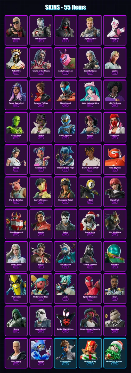 [PC/XBOX/PSN] | Rap Boy | War Machine | Felina | Captain Jones | Gwenpool | 55 skin | 69 pickaxe | 53 emote | 38 glider | Lv525