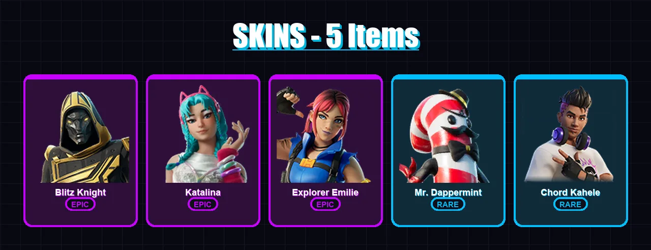 [PC/XBOX] | Blitz Knight | Katalina | Explorer Emilie | Mr. Dappermint | Chord Kahele | 5 skin | 24 pickaxe | 7 emote | 12 glider | Lv105