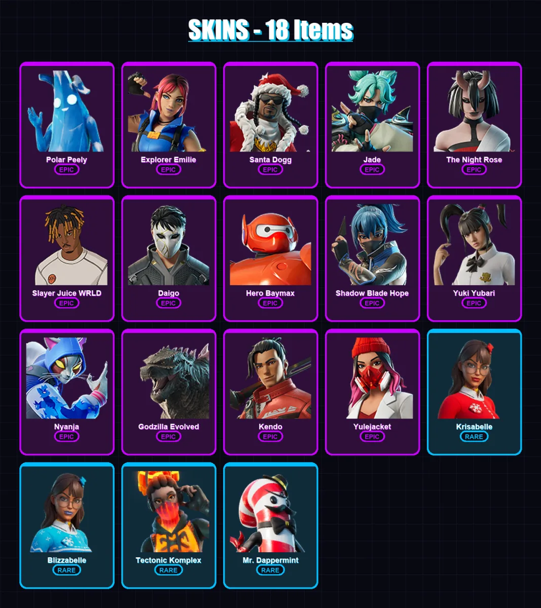 [PC/XBOX/PSN] | Polar Peely | Explorer Emilie | Santa Dogg | Jade | The Night Rose | 18 skin | 39 pickaxe | 26 emote | 29 glider | Lv600