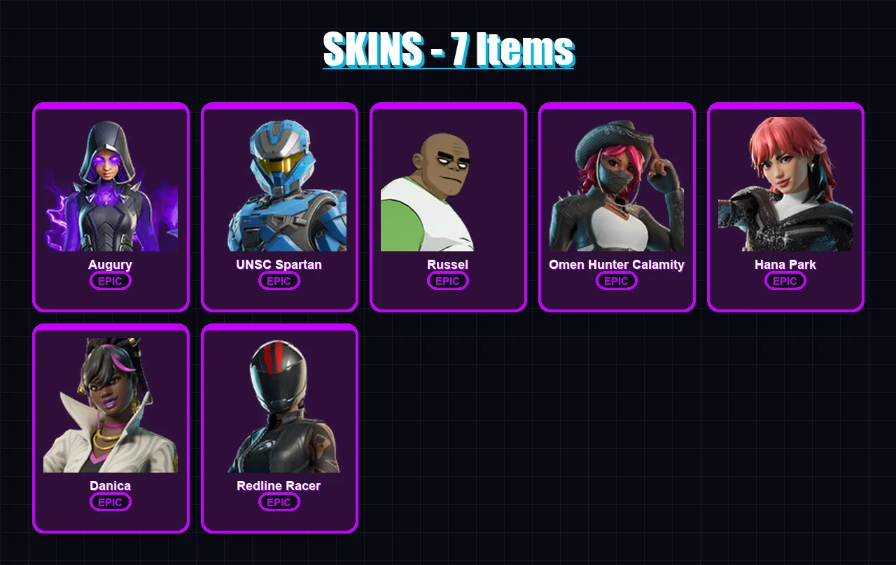 [PC/XBOX/PSN] | Augury | UNSC Spartan | Russel | Omen Hunter Calamity | Hana Park | 7 skin | 5 pickaxe | 4 emote | 2 glider | Lv13