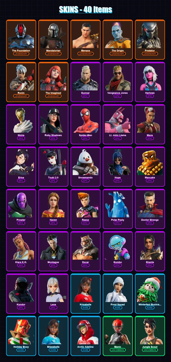 [PS4/PS5/XBOX/PC] | The Foundation | Mandalorian | Menace | The Origin | Predator | 40 skin | 46 pickaxe | 34 emote | 44 glider | Lv805