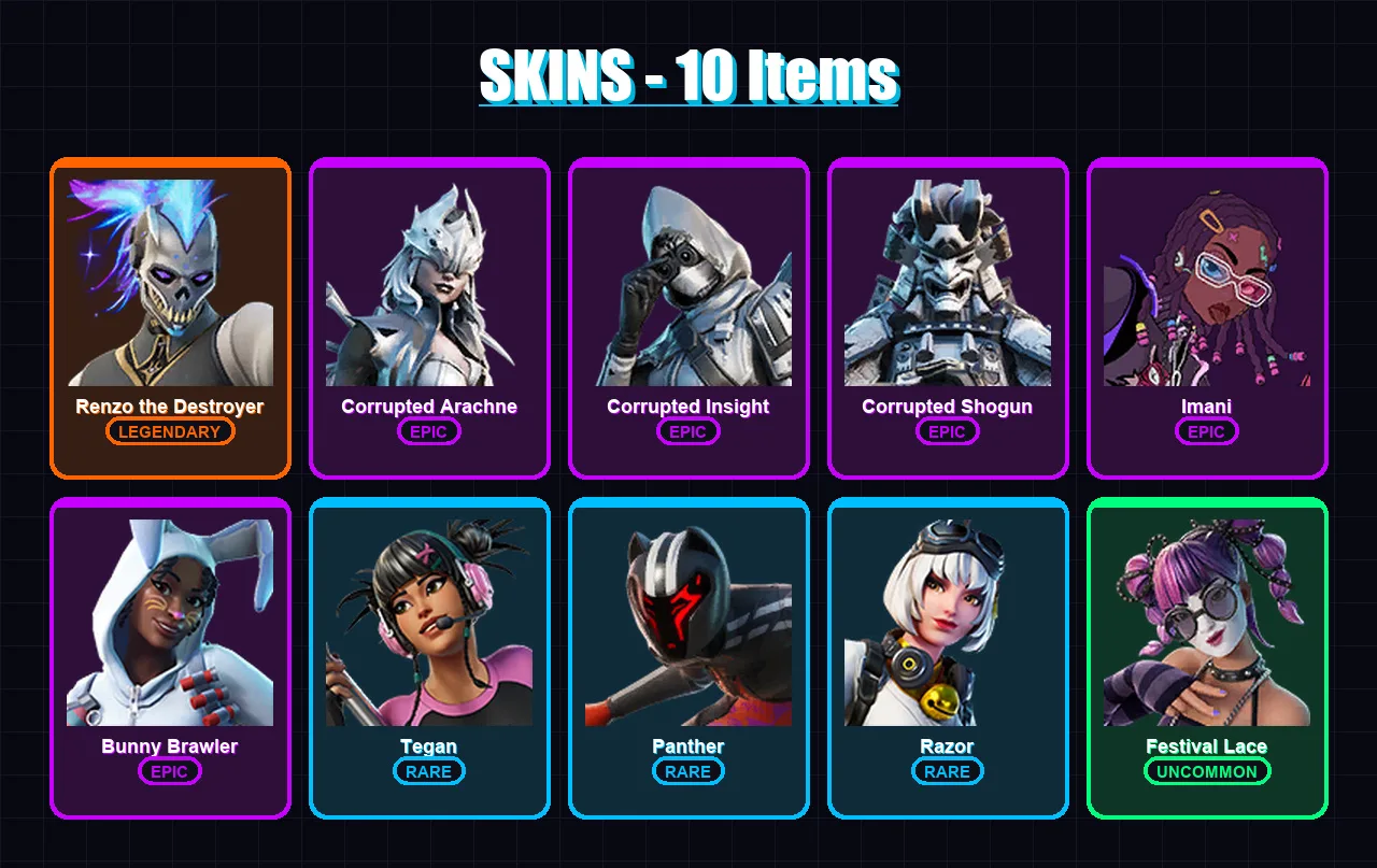 [PC/PSN] | Renzo the Destroyer | Corrupted Arachne | Corrupted Insight | Corrupted Shogun | Imani | 10 skin | 5 pickaxe | 8 emote | 6 glider | Lv41