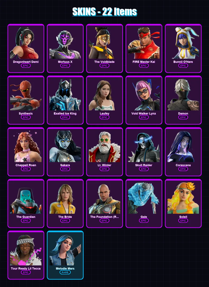 [PC/PSN] | Dragonheart Demi | Mortuus X | The Voidblade | FIRE Master Kai | Bunnii O'Hare | 22 skin | 17 pickaxe | 7 emote | 4 glider | Lv19