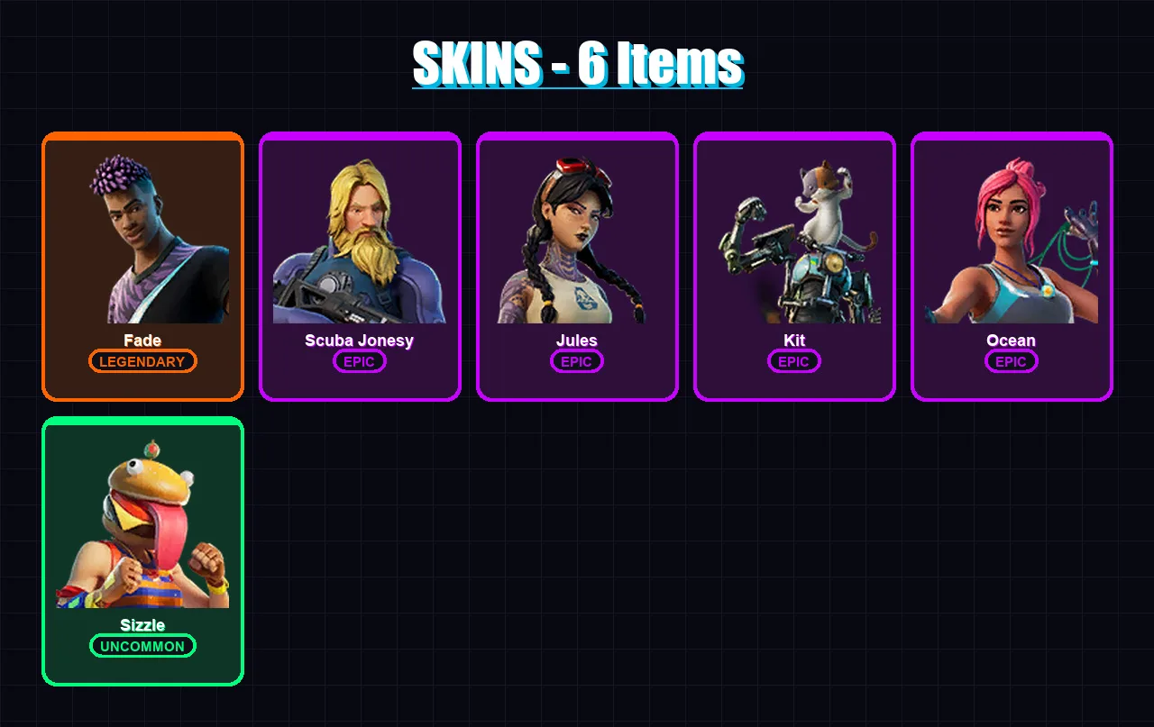 [PC/XBOX/PSN] | Fade | Scuba Jonesy | Jules | Kit | Ocean | 6 skin | 8 pickaxe | 12 emote | 13 glider | Lv137