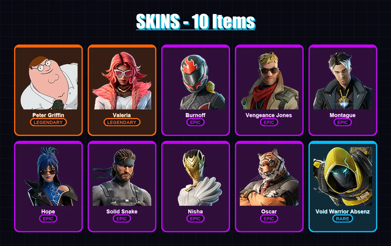 [PC/PSN] | Peter Griffin | Valeria | Burnoff | Vengeance Jones | Montague | 10 skin | 16 pickaxe | 15 emote | 16 glider | Lv179