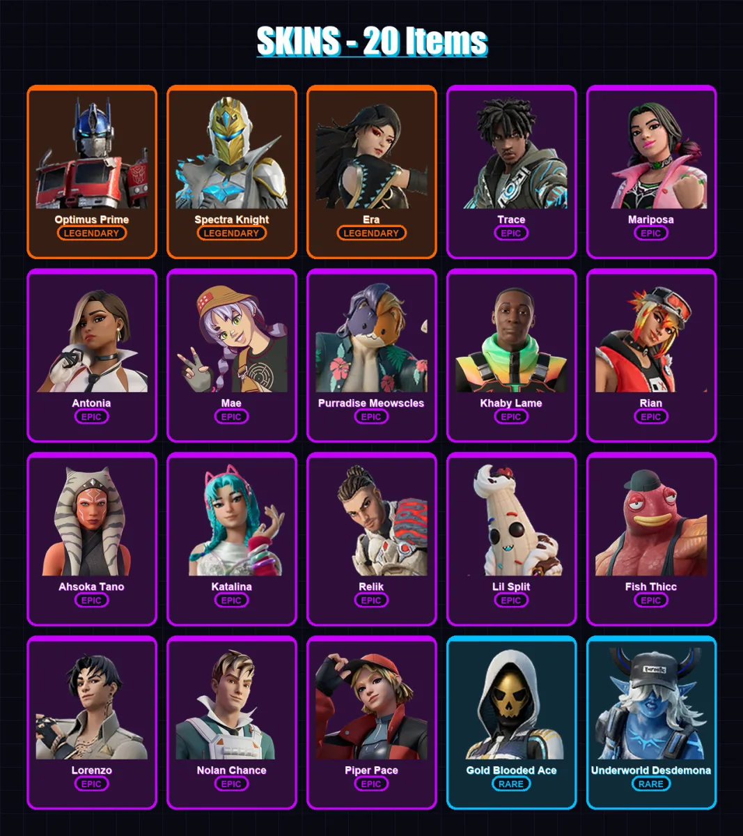 [PC/XBOX/PSN] | Optimus Prime | Spectra Knight | Era | Trace | Mariposa | 20 skin | 42 pickaxe | 27 emote | 38 glider | Lv524