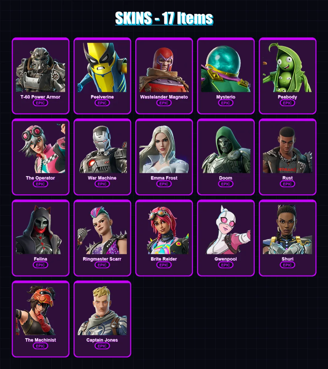 [PC/XBOX/PSN] | T-60 Power Armor | Peelverine | Wastelander Magneto | Mysterio | Peabody | 17 skin | 22 pickaxe | 18 emote | 19 glider | Lv286