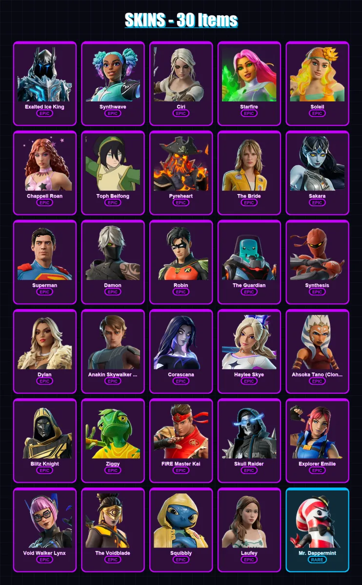 [PC/PSN] | Exalted Ice King | Synthwave | Ciri | Starfire | Soleil | 30 skin | 38 pickaxe | 24 emote | 23 glider | Lv134