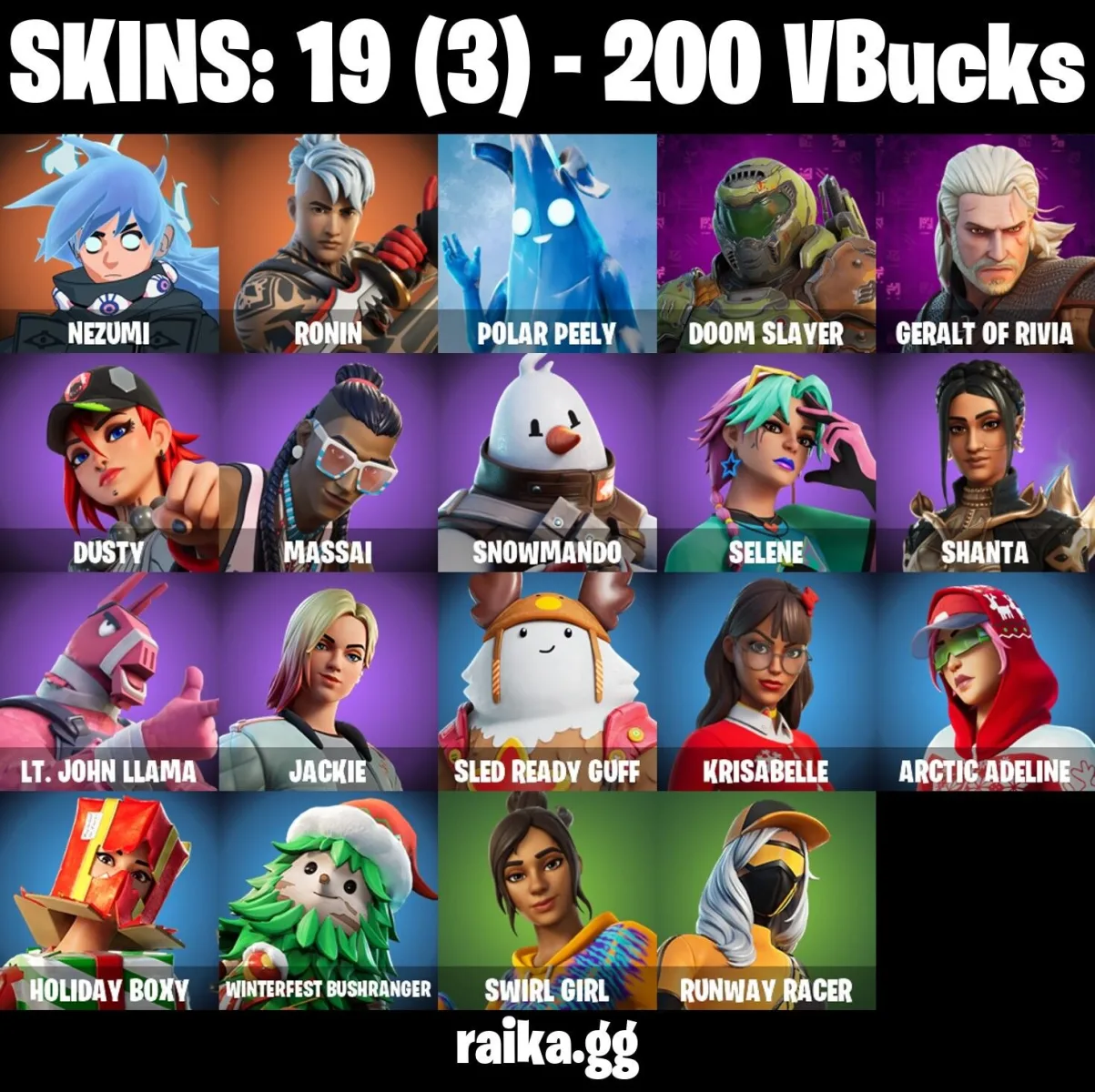 19 skins Geralt of Rivia | Nezumi | Ronin | Polar Peely | Doom Slayer | Dusty | 200 VB PSN | PC | Xbox Mail Access Instant Delivery — Fortnite account