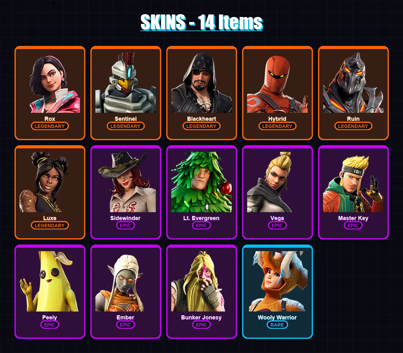 [PS4/PS5/XBOX/PC] | Rox | Sentinel | Blackheart | Hybrid | Ruin | 14 skin | 15 pickaxe | 21 emote | 16 glider | Lv232