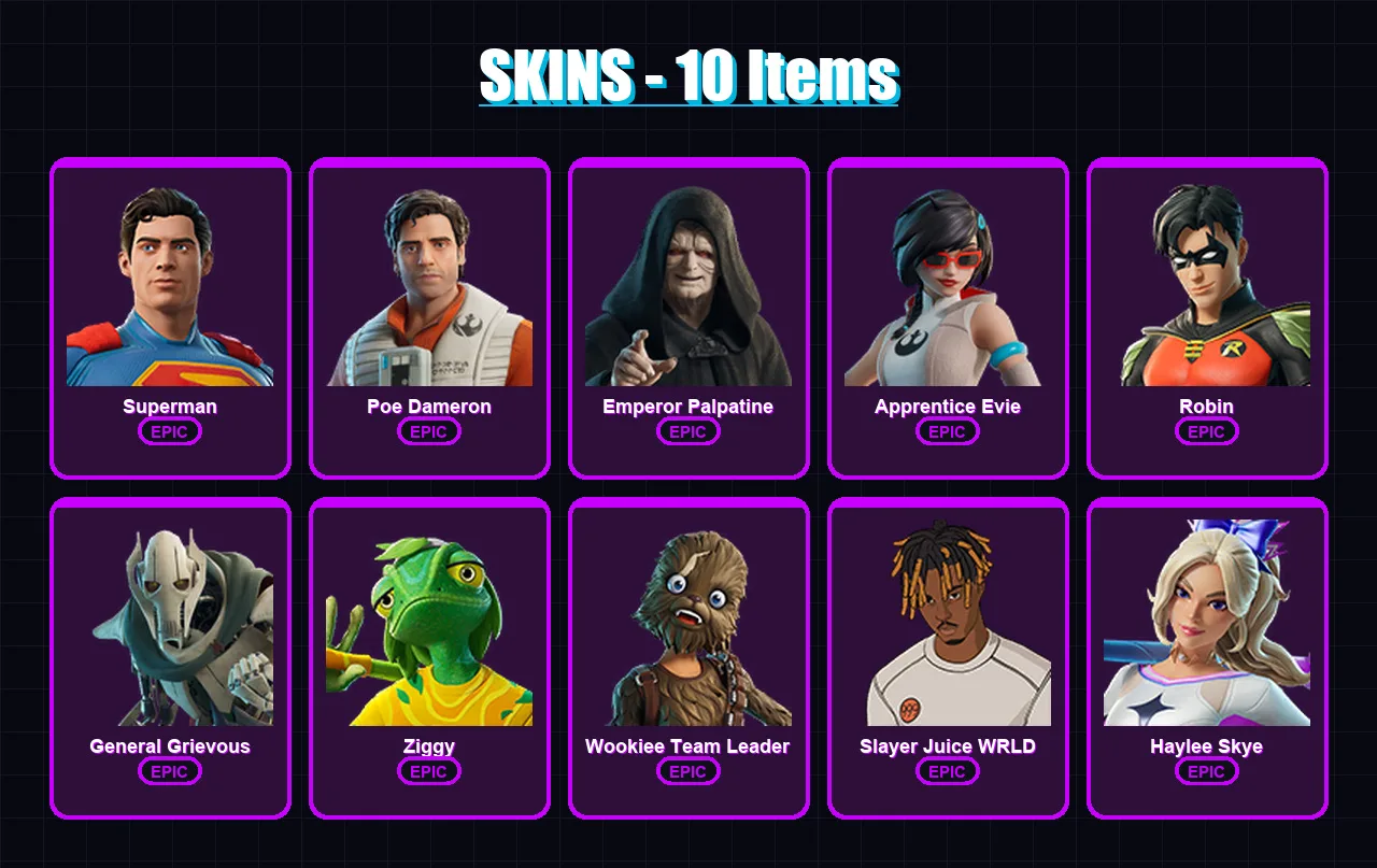[PC/XBOX/PSN] | Superman | Poe Dameron | Emperor Palpatine | Apprentice Evie | Robin | 10 skin | 26 pickaxe | 14 emote | 18 glider | Lv137