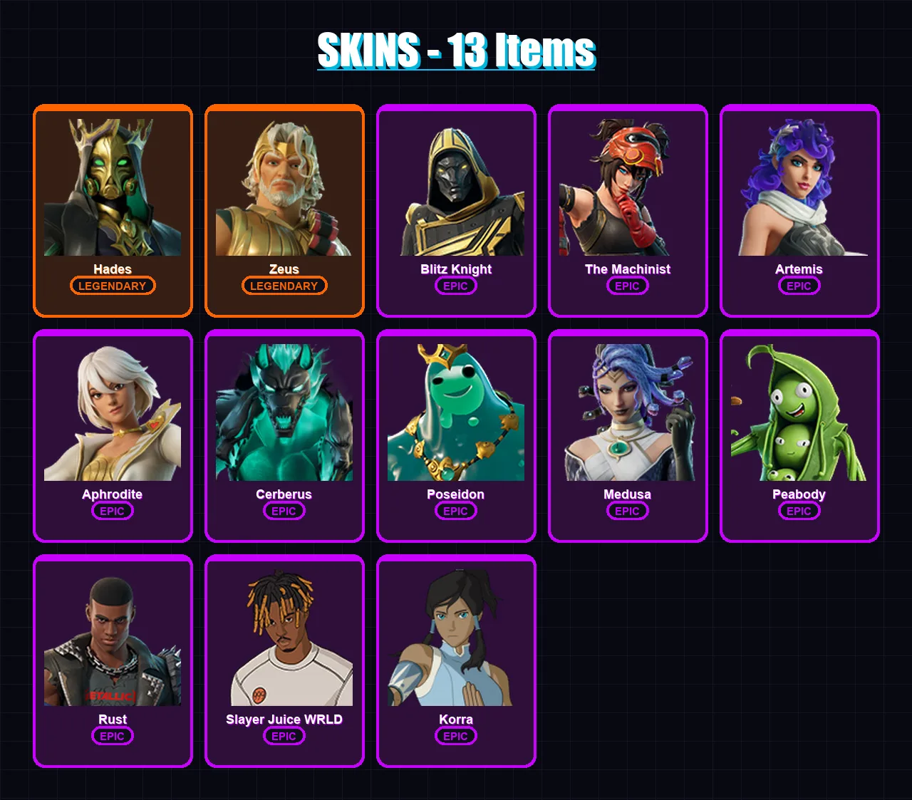 [PC/XBOX/PSN] | Hades | Zeus | Blitz Knight | The Machinist | Artemis | 13 skin | 30 pickaxe | 17 emote | 25 glider | Lv256