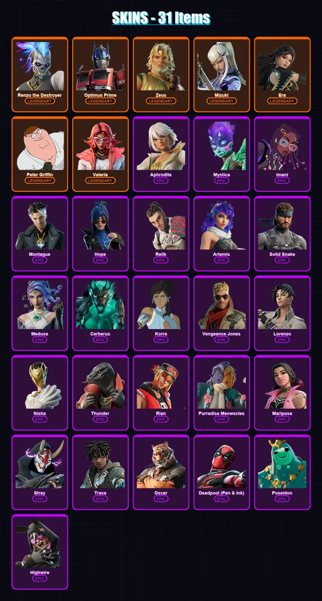 [PC/XBOX/PSN] | Renzo the Destroyer | Optimus Prime | Zeus | Mizuki | Era | 31 skin | 60 pickaxe | 38 emote | 55 glider | Lv714