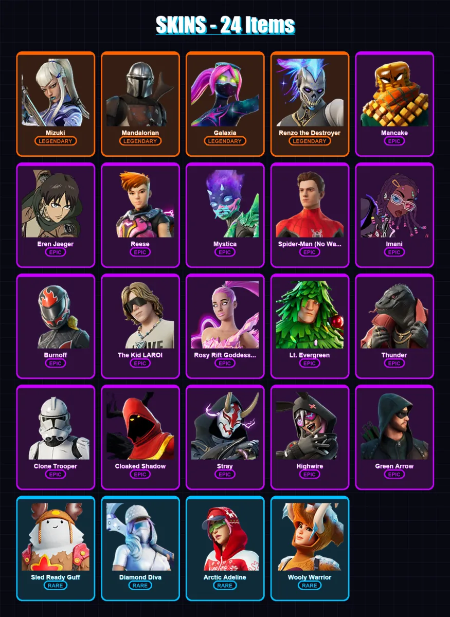 [PC/PSN] | Mizuki | Mandalorian | Galaxia | Renzo the Destroyer | Mancake | 24 skin | 47 pickaxe | 46 emote | 42 glider | Lv633