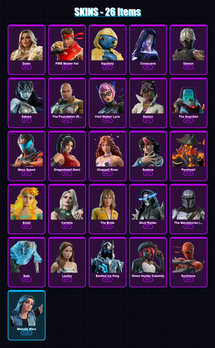 [PC/XBOX/PSN] | Dylan | FIRE Master Kai | Squibbly | Corascana | Damon | 26 skin | 19 pickaxe | 7 emote | 14 glider | Lv137