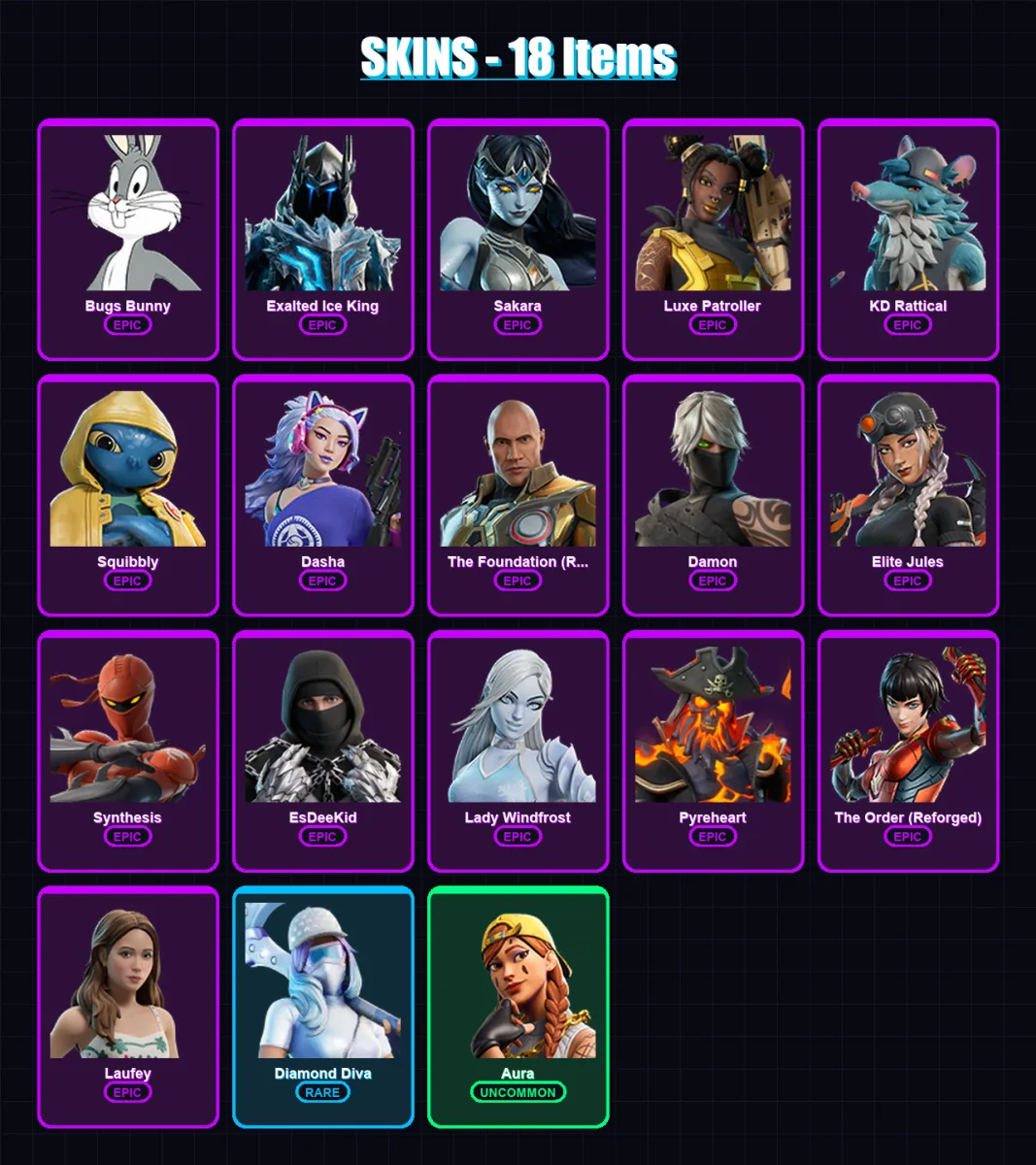 [PC/XBOX/PSN] | Bugs Bunny | Exalted Ice King | Sakara | Luxe Patroller | KD Rattical | 18 skin | 35 pickaxe | 20 emote | 28 glider | Lv304