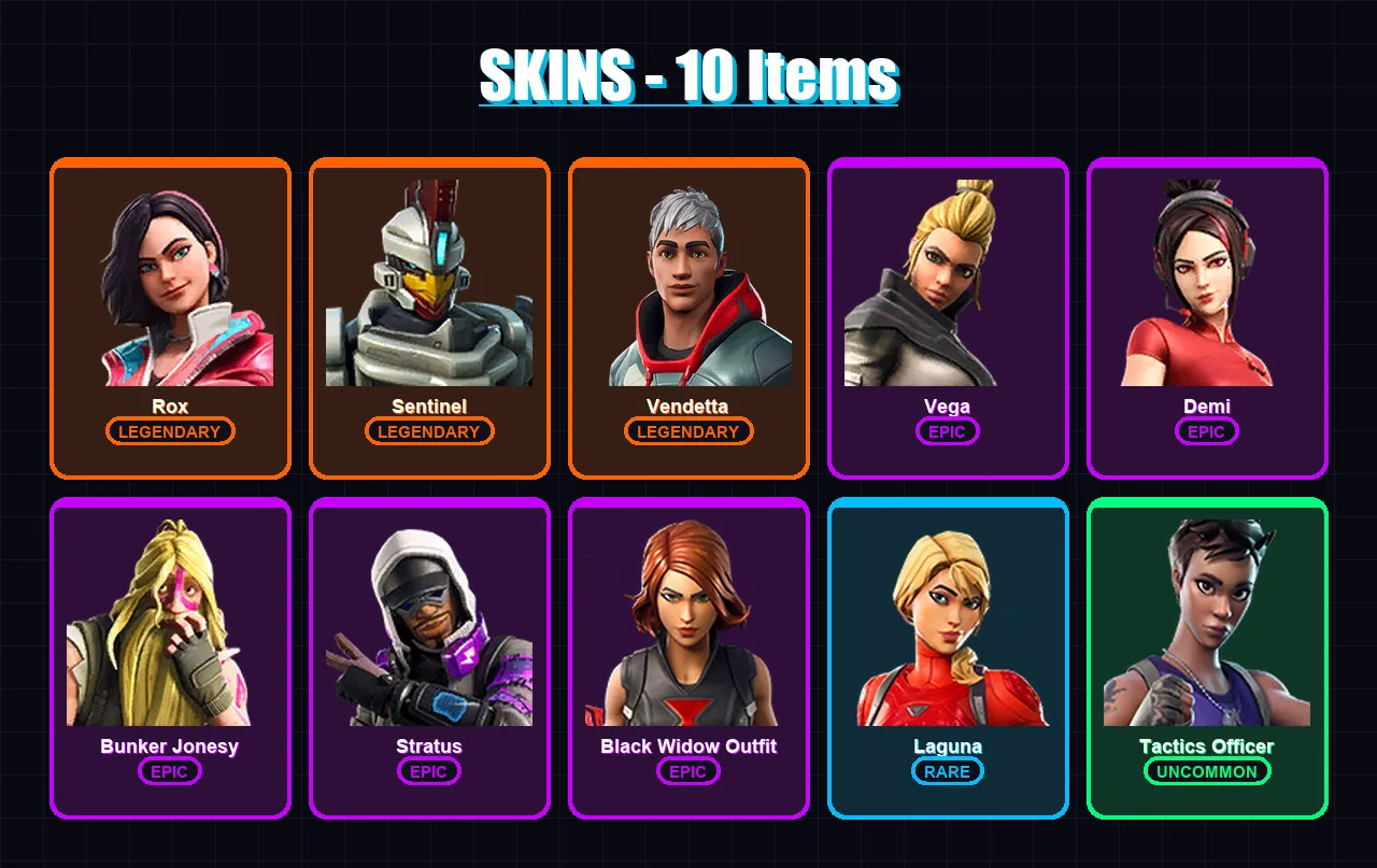 [PS4/PS5/XBOX/PC] | Rox | Sentinel | Vendetta | Vega | Demi | 10 skin | 9 pickaxe | 14 emote | 11 glider | Lv142