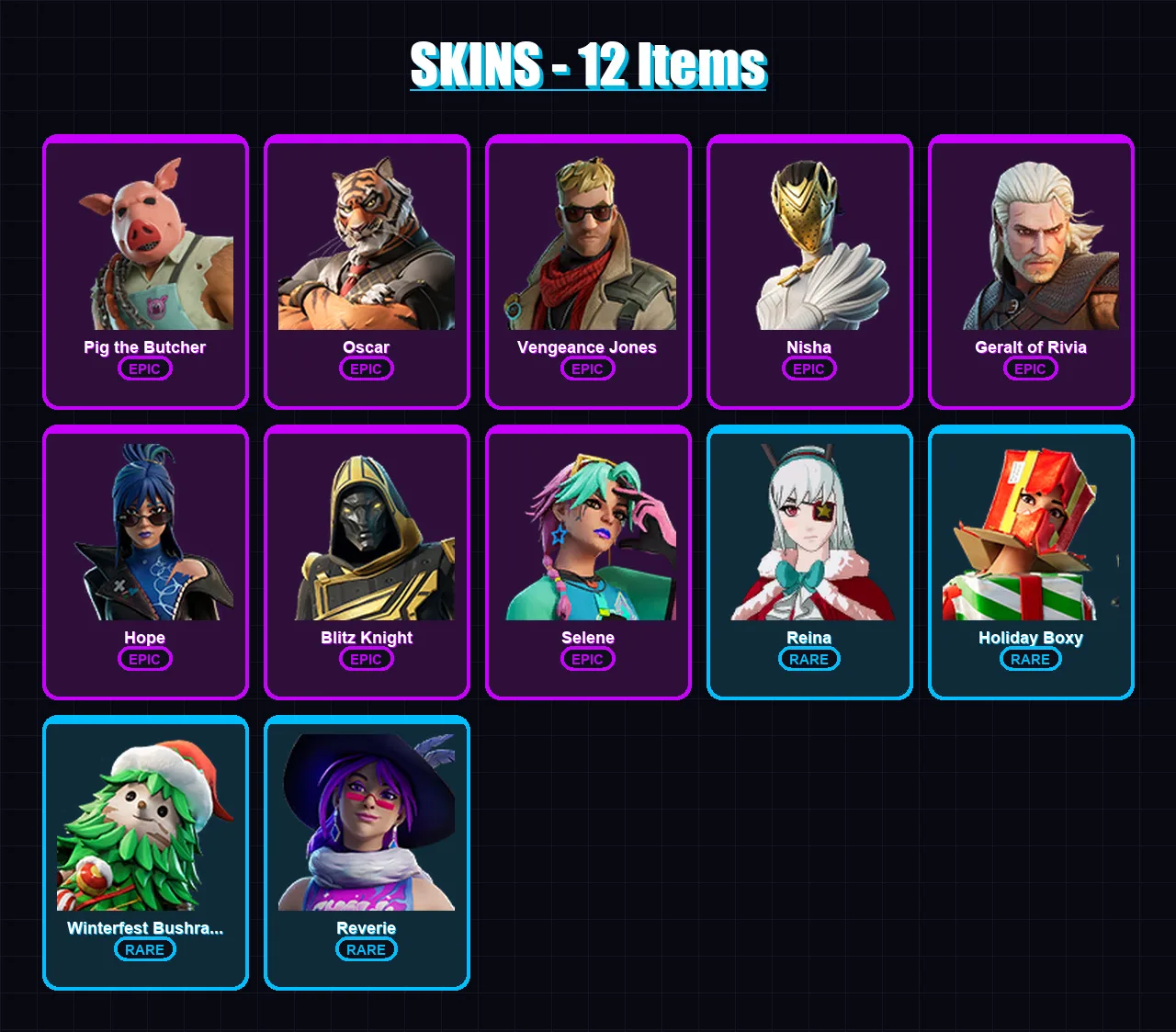 [PS4/PS5/XBOX/PC] | Pig the Butcher | Oscar | Vengeance Jones | Nisha | Geralt of Rivia | 12 skin | 50 pickaxe | 29 emote | 37 glider | Lv516