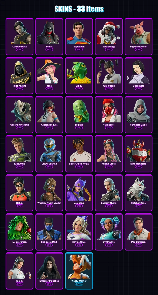 [PC/XBOX/PSN] | Outlaw Midas | Felina | Superman | Santa Dogg | Pig the Butcher | 33 skin | 77 pickaxe | 45 emote | 59 glider | Lv800