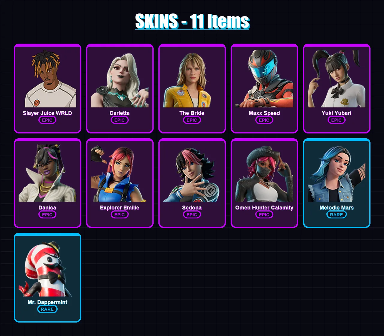 [PC/XBOX/PSN] | Slayer Juice WRLD | Carletta | The Bride | Maxx Speed | Yuki Yubari | 11 skin | 11 pickaxe | 5 emote | 3 glider | Lv27