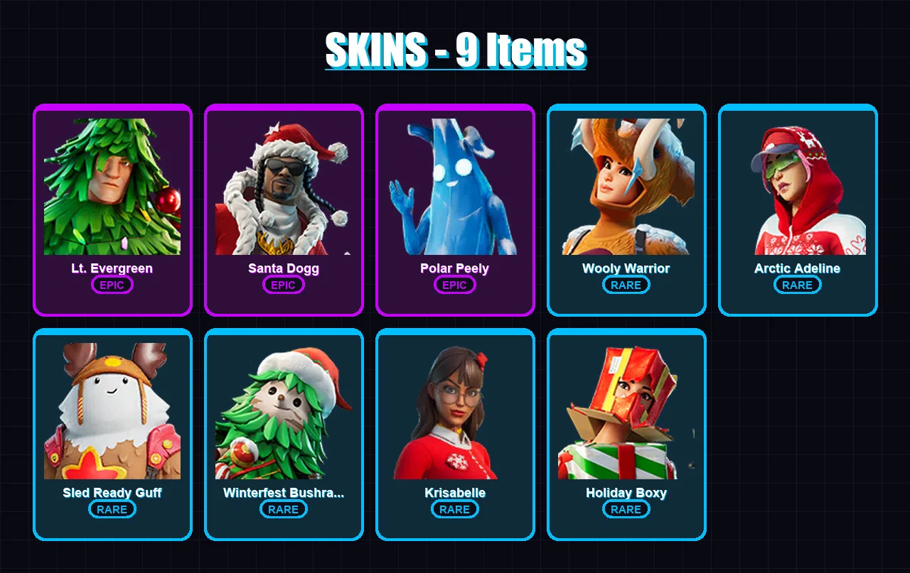[SWITCH/XBOX/PSN/PC] | Lt. Evergreen | Santa Dogg | Polar Peely | Wooly Warrior | Arctic Adeline | 9 skin | 25 pickaxe | 30 emote | 33 glider | Lv60