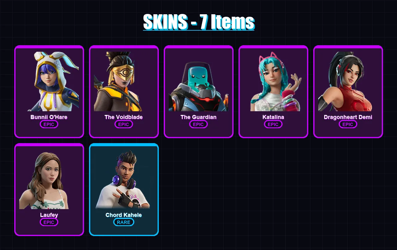 [PC/PSN] | Bunnii O'Hare | The Voidblade | The Guardian | Katalina | Dragonheart Demi | 7 skin | 8 pickaxe | 2 emote | 6 glider | Lv64