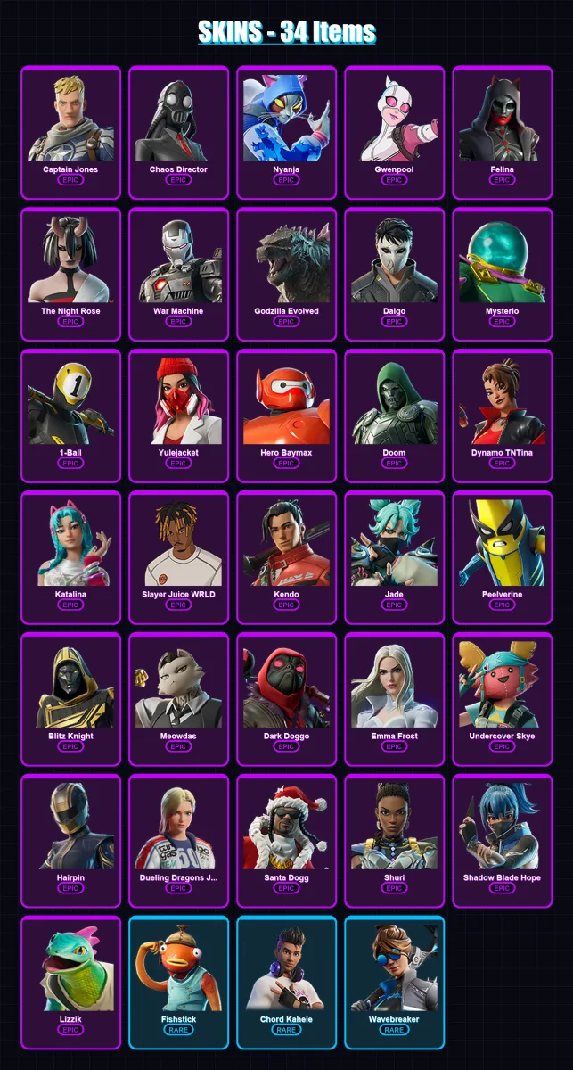 [PC/XBOX/PSN] | Captain Jones | Chaos Director | Nyanja | Gwenpool | Felina | 34 skin | 66 pickaxe | 34 emote | 49 glider | Lv567