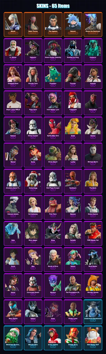 [PC/PSN] | Mizuki | Kado Thorne | The Ageless | Nezumi | Renzo the Destroyer | 65 skin | 87 pickaxe | 66 emote | 66 glider | Lv808