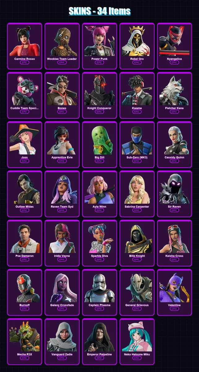 [PS4/PS5/PC] | Carmine Rosso | Wookiee Team Leader | Power Punk | Rebel Oro | Nyangelica | 34 skin | 51 pickaxe | 54 emote | 33 glider | Lv763